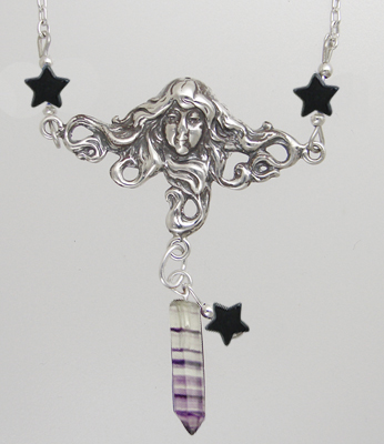 Sterling Silver Woman Maiden of the Morning Star Necklace With Fluorite And Black Stars